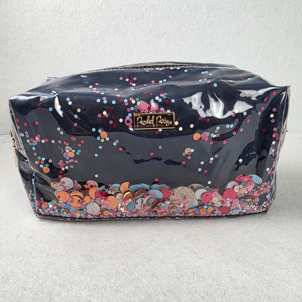 Packed Party Navy Blue Confetti Makeup Bag Sequin Toiletry Pouch Gold Zipper
